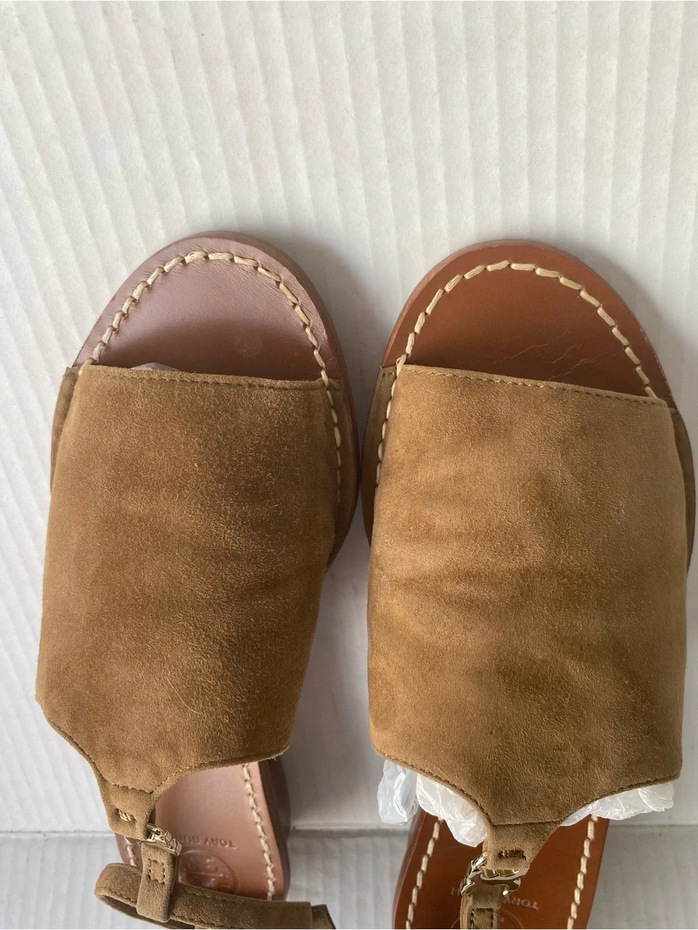 Tory Burch Tan Suede T‑Strap Open‑Toe Slingback Sandals with Gold Logo Accent